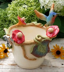Cream Color Flower Pot Hummingbird Nest Butterflies Handmade Tonala Mexican Art