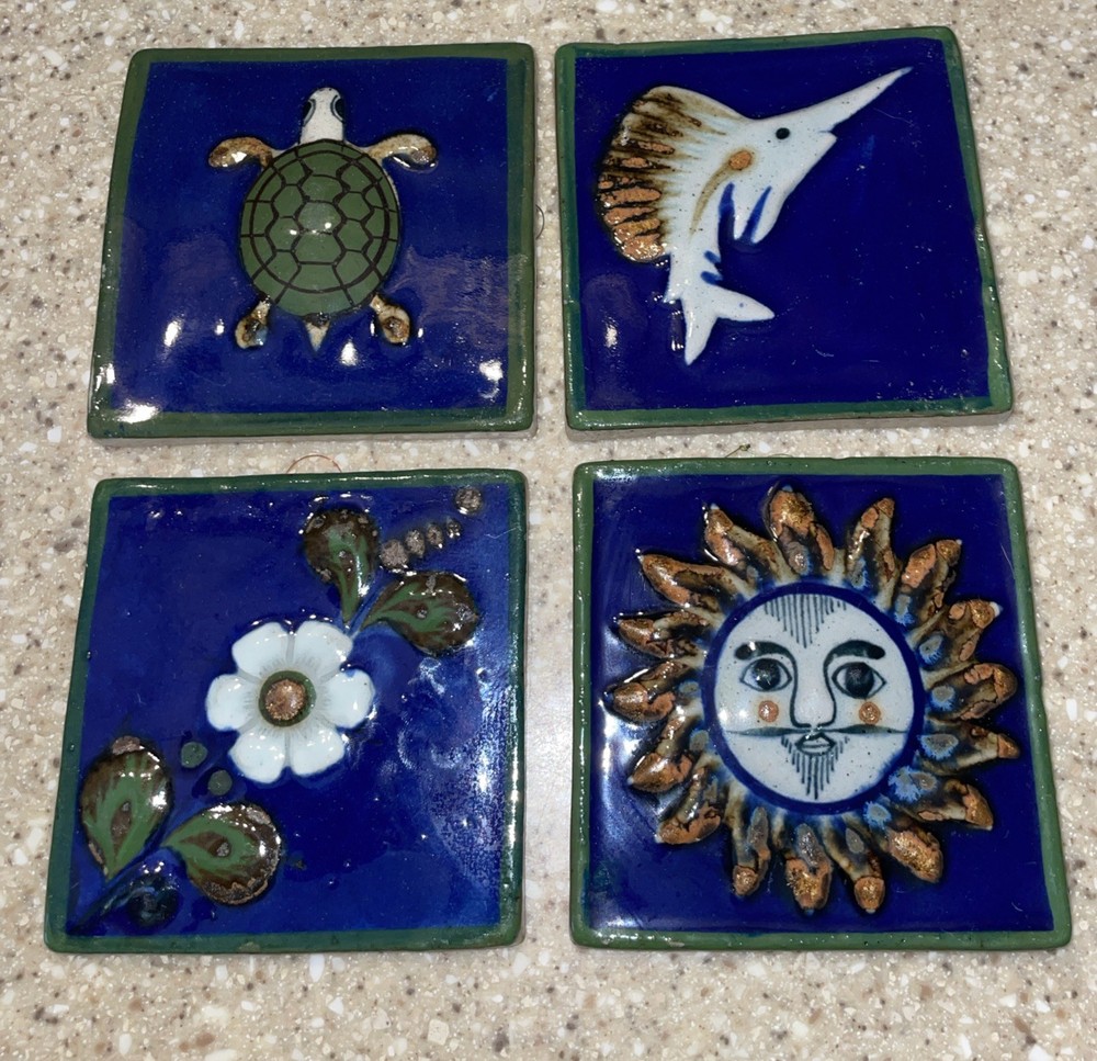 Vintage Tonala Mexican Pottery Cobalt Blue Folk Art Sun Turtle Flower Fish Tile