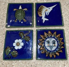 Vintage Tonala Mexican Pottery Cobalt Blue Folk Art Sun Turtle Flower Fish Tile