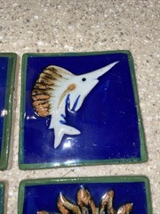 Vintage Tonala Mexican Pottery Cobalt Blue Folk Art Sun Turtle Flower Fish Tile