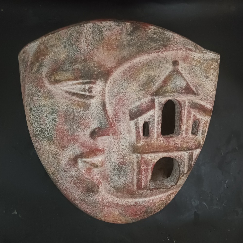 Vintage Terra Cotta Folk Art “Luna Y Casa”, Hand-Thrown Organic Modern Pocket
