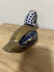 Vintage Tonala Mexican Pottery Duck Brass Armored Ceramic Folk Art Figurine