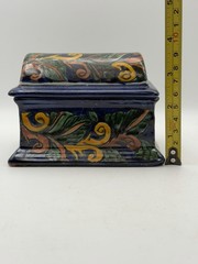 Vintage Mexican Folk Art Pottery Lidded Box Hand Painted Blue Floral Ceramic