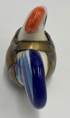 Vintage Mexican Tonala Pottery Rooster Ceramic Hand Painted Blue W Brass Armour