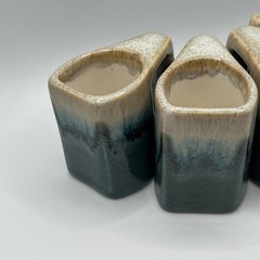 Vintage Padilla Mexico Stacking Pottery Mugs Set of 4 Blue Beige Drip Glaze