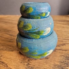 Mexico souvenir pottery hand painted blue set Of 3 tiny Collect Flower Pot Red C