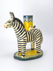 Vintage Mexican Folk Art Candle Holder Handmade Zebra Birds Clay Pottery Large