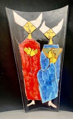 VTG ITALIAN CAPRI MCM CERAMIC HANDMADE WALL PLAQUE 10″ x 6″, TWO NUNS, c1960 vg