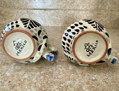 GTO Mexican Handmade Pottery Owl Mugs Pair Black White Blue Hand Painted 3” (2)