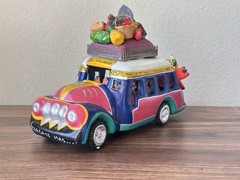 Vintage Mexican Folk Art Clay Sculpture Of Overloaded Car Marked “Pro Vallarta”