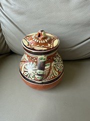 Vintage Terra Cotta Mexican Pot Hand Painted Glazed Kitchen Floral Tonala 6″h