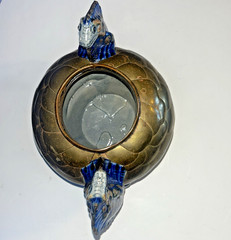 Sergio Bustamente Style Mexico Art Pottery Brass Scales Iguana Handle Vase