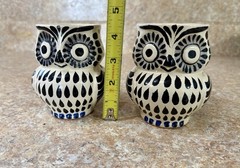 GTO Mexican Handmade Pottery Owl Mugs Pair Black White Blue Hand Painted 3” (2)