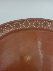 15 X 11″ MEXICAN TLAQUEPAQUE BROWN CLAY W/GREEN DOTS OVAL DINNER PLATE/PLATTER