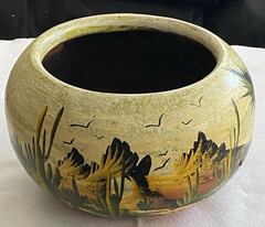 Vintage Mexican Folk Art Terracotta Planter Pot Clay Desert Cactus Scene 8″