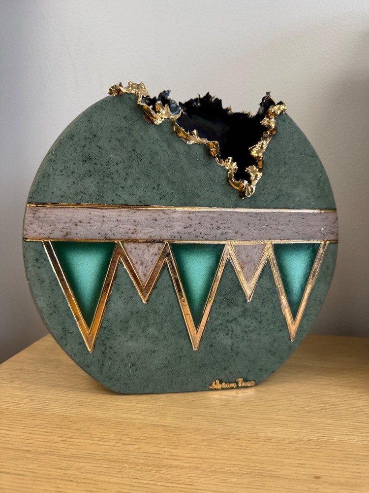 Sharon Penn Southwest Pottery Vase Green 22K Gold Accent Signed Rare