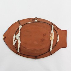 Vtg Mexican Folk Art Clay Terracotta Fish Tray or Plate with Wire Hanger