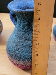 Vtg Black Clay Sand Terracotta Pottery Vase Copper/Brass Flower Trio Of Pitchers
