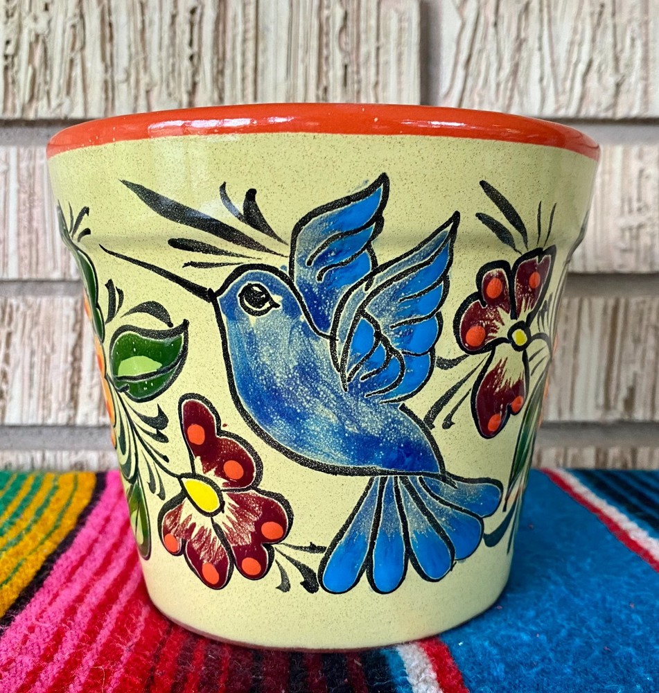 Lg Mexican Ceramic Flower Pot Planter Folk Art Pottery Handmade Talavera M#15