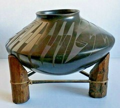 RARE Signed Gris Camacho black modern decorative bowl vase on wood sinew base