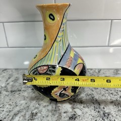 Clay Motif Handpainted 8″ T flower vase abstract yellow flowers black red green