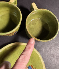 Lot Vintage 1940s Green Mexican Tlaquepaque Tonala Cups Saucer Plates Redware