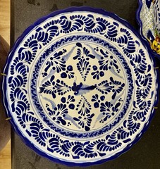 Talavera Puebla Mexico Hand Painted Bowl & 2 Plates Platter Set Blue Floral