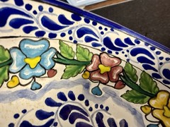 Talavera Puebla Mexico Hand Painted Bowl & 2 Plates Platter Set Blue Floral
