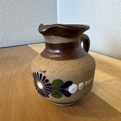 Mexican Handmade Pottery Pitcher Hand Painted Floral Design Signed