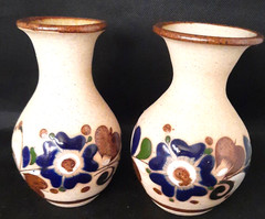 Vintage Pair Of Mexico Folk Art Pottery Tonala Floral Round Vases Signed C.O.