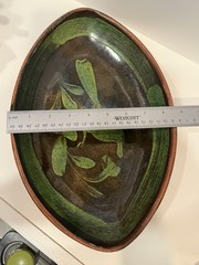 Mid Century Michoacan Patamban Pottery Charger Plate Green Brown Glaze 12.5″