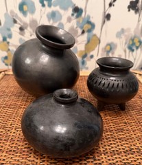 Black Clay Oaxaca Handmade Mexican Folk Art Vessels, Set of 3 Pieces