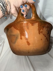 X-LARGE Atq/Vtg Puebla Ware Red Terracotta Pot Bowl With Handles Estate Find