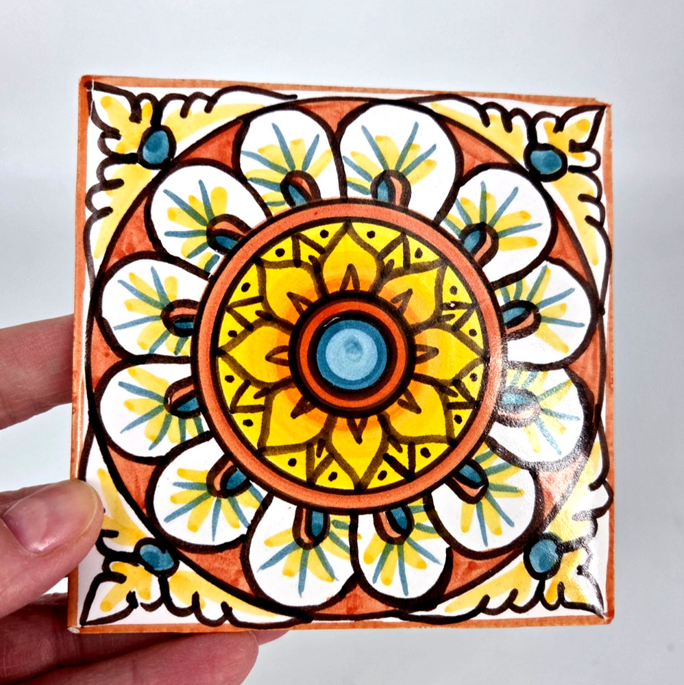 Mexican Pottery Decorative 4.25″ square hand-painted TILE TRIVET Mexico Signed