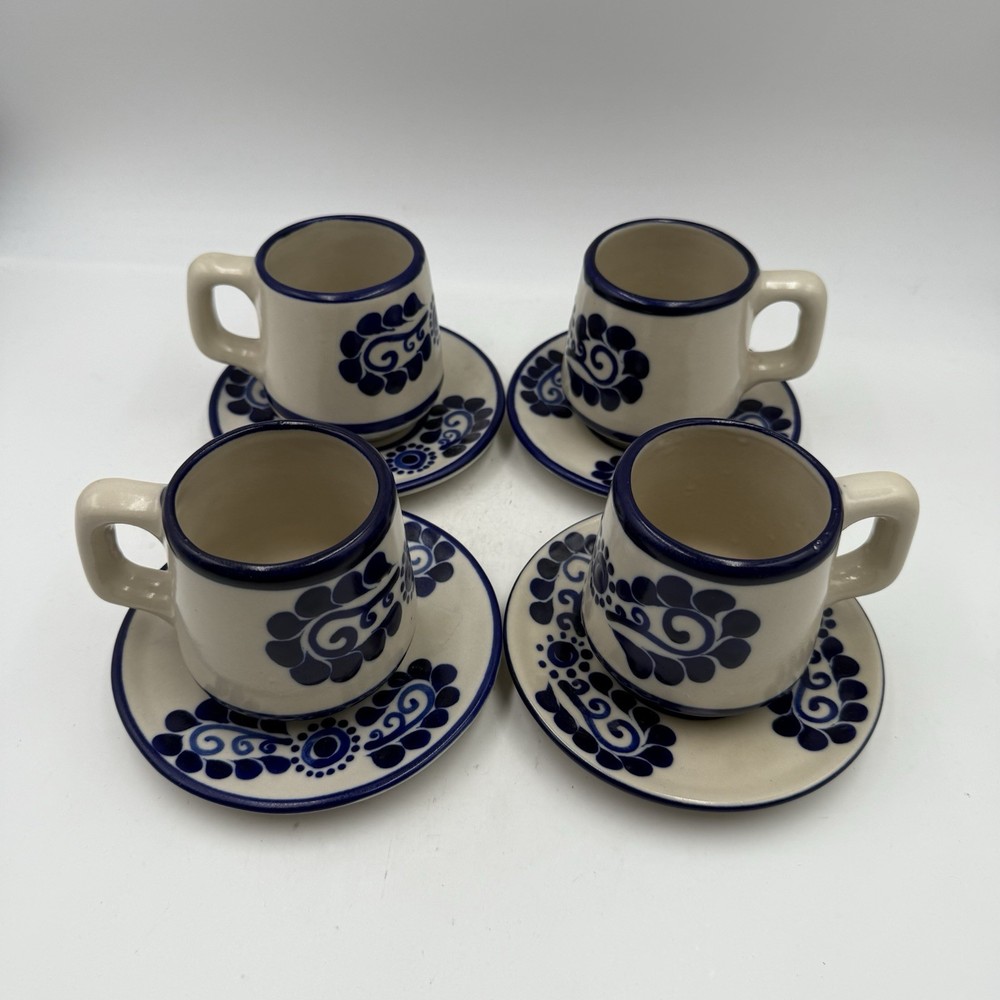 Set Of 4 Talavera Mexican Studio Folk Art Pottery Mugs Saucer Cobalt Blue Floral
