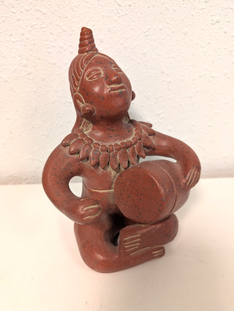 Vintage Mexico Pottery Folk Art Figurine Woman Playing The Drums handmade music