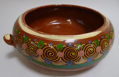 Mexican Tlaquepaque Bean Pot Red Clay Spiral Glazed 10″ Single Handle w Lid