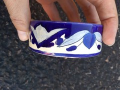 Round Blue Floral Trinket Box Round Blue Silver Shell Mexico Vintage