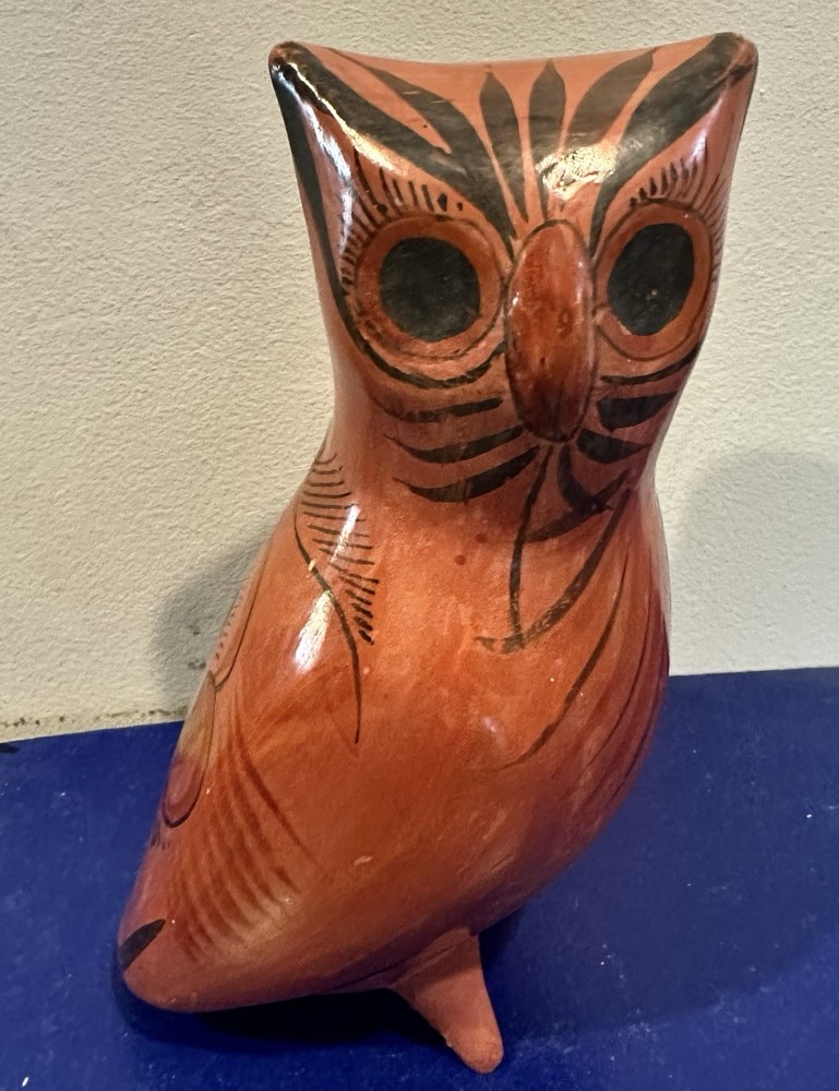 Tonala Pottery Owl Figurine Mexico Folk Art Orange Floral Hand Painted 7.5″