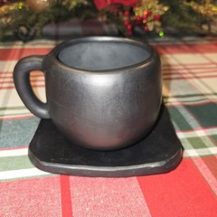 Mexican Black Clay Coffee Cup And Saucer Set Taza Con Plato Barro Negro