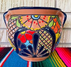 Lg MEXICAN TALAVERA Folk Art POTTERY FLOWER POT PLANTER CERAMIC #15