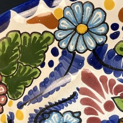 Bright Vtg Mexican Talavera Salsa Serving Bowl Hand Painted Floral 9″ Folk Art
