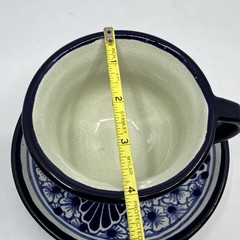 Talavera Tea Mug and Saucer Puebla Mexico Pottery Signed Floral Blue & White