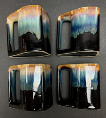 Rodolfo Padilla Coffee Mugs Signed Black Drip Glaze Stoneware 4 Cups & Stand