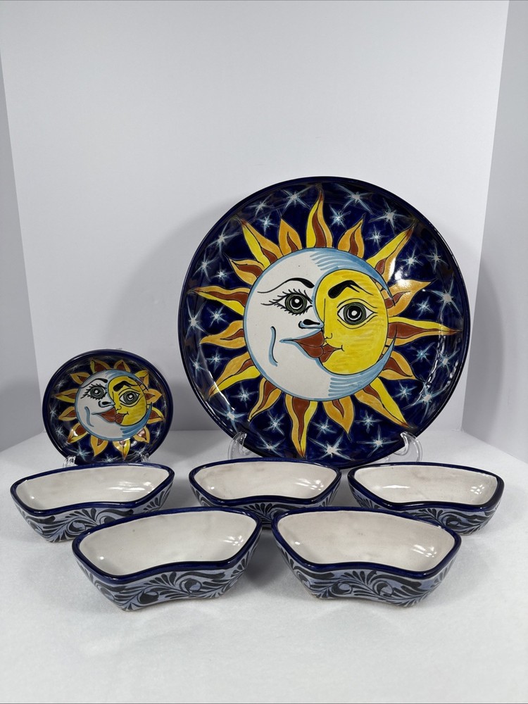 Mexican Talavera Pottery 7pc Hand Painted Chip Salsa Condiment Serving Dish Set