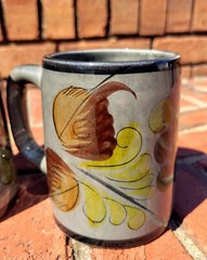 Hand Painted Mexican Pottery Mugs Sage Green With Floral Design Set of 4