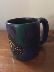 Mara Mexico Pottery Butterfly Coffee Mug Cup Signed Blue/Green Stoneware