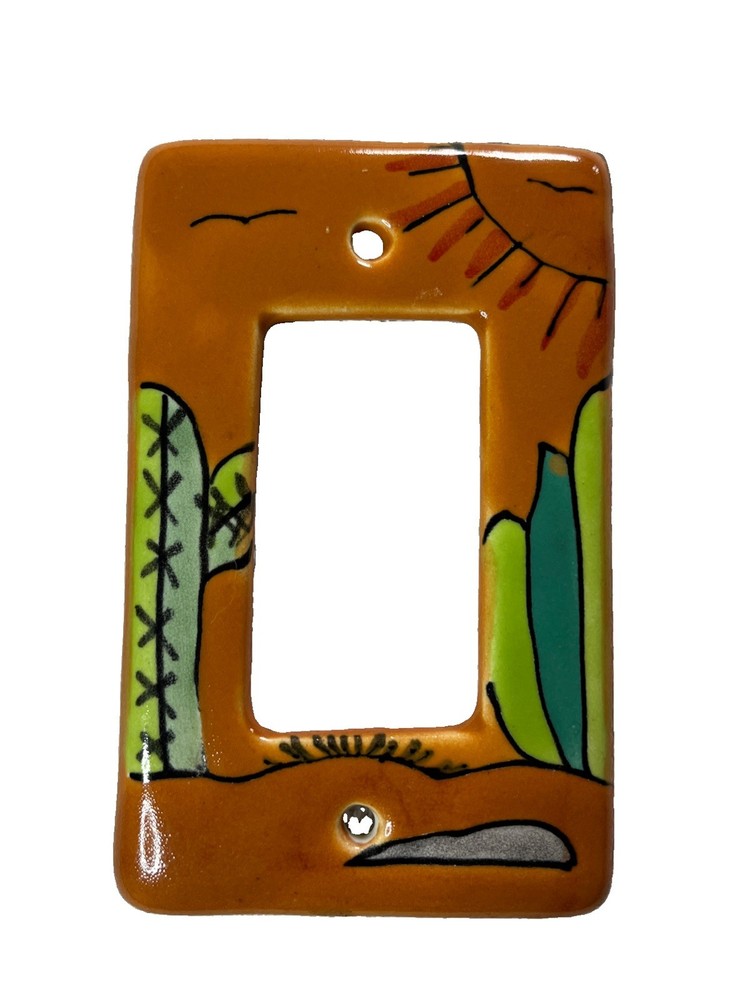 Made In Mexico Brown Green Ceramic Glazed Cactus Sun Switch Plate Cover