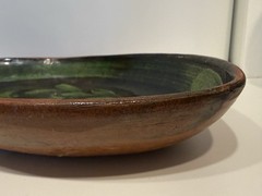 Mid Century Michoacan Patamban Pottery Charger Plate Green Brown Glaze 12.5″