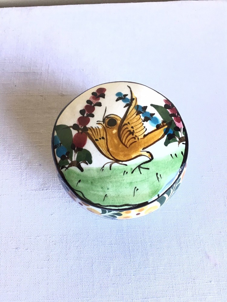 Vintage Tonala Mexican Folk Art Pottery Bird Round Glazed Lidded Trinket Box